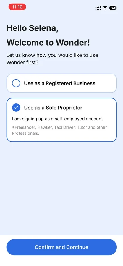Welcome page showing the option to select Use as a Sole Proprietor