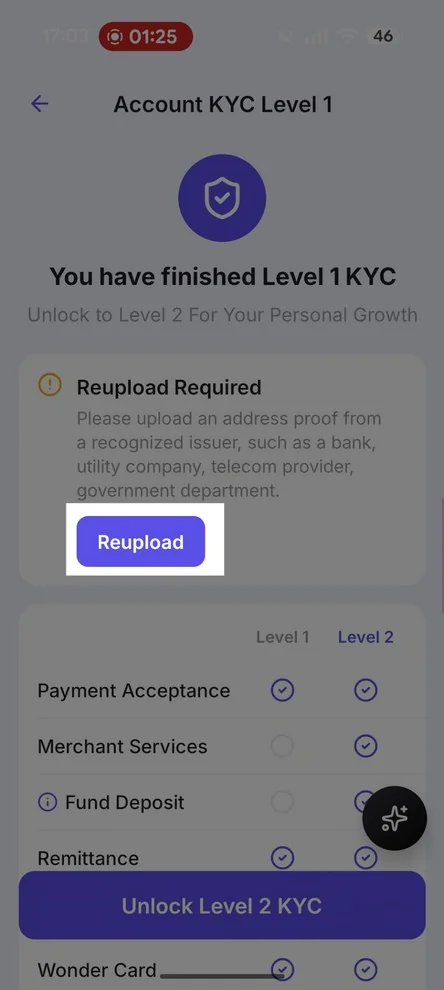 Account KYC Level 1 screen showing Reupload Required
