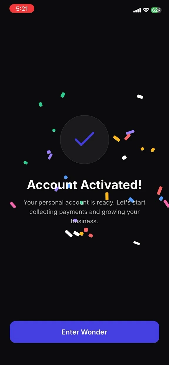 Account Activated confirmation screen