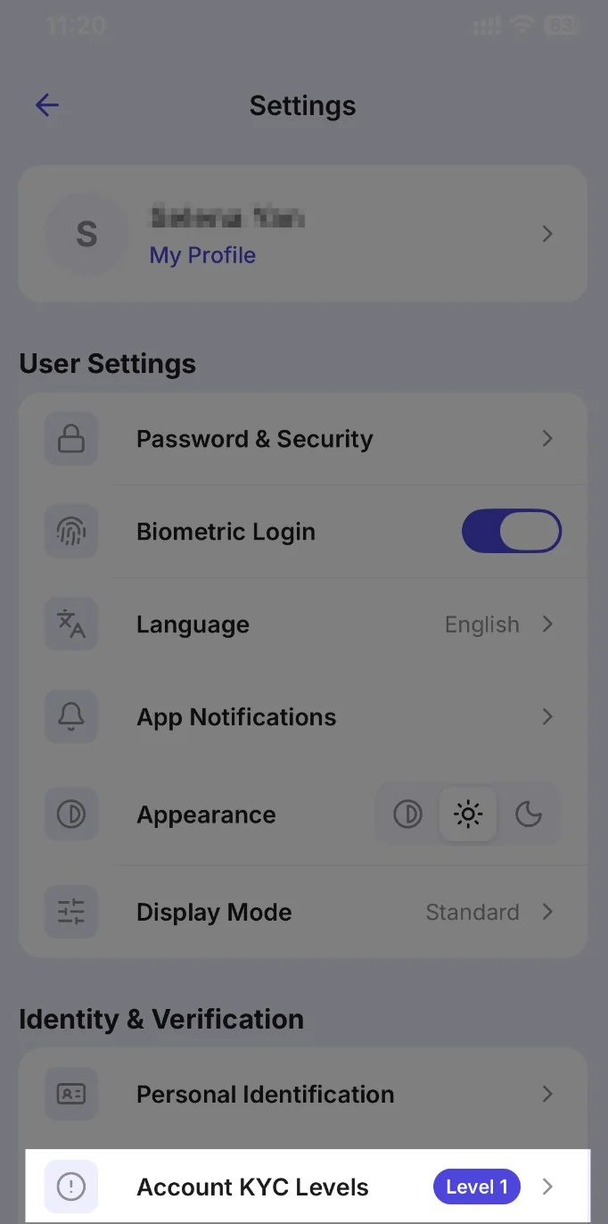 Settings menu screen showing user profile, user settings, and identity & verification options