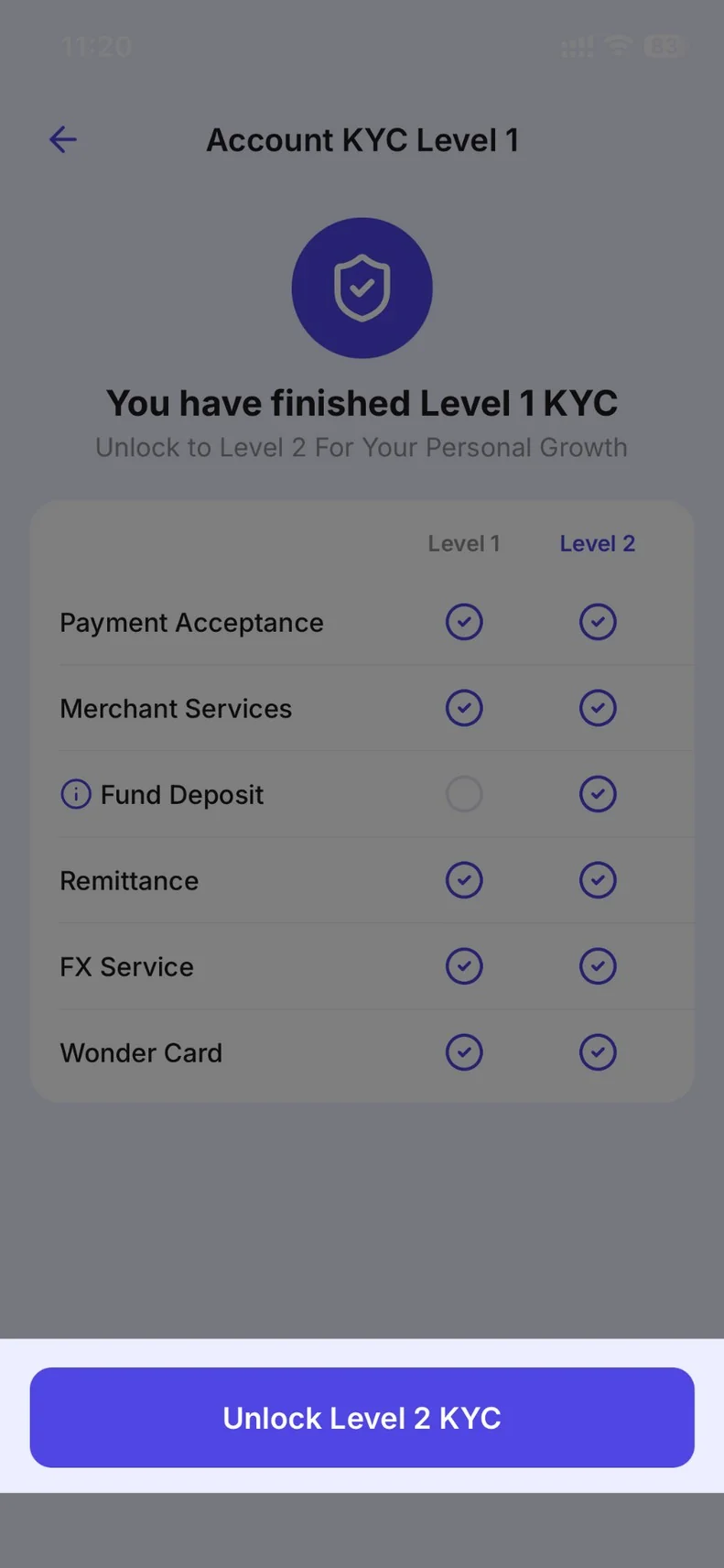 Account KYC Level 1 screen showing Level 1 and Level 2 service availability