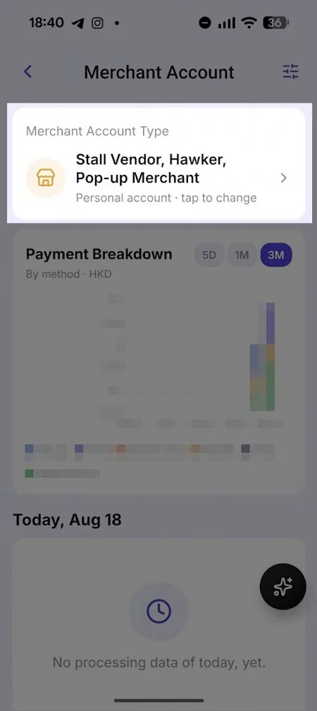 Merchant Account page showing the account type card with tap to change