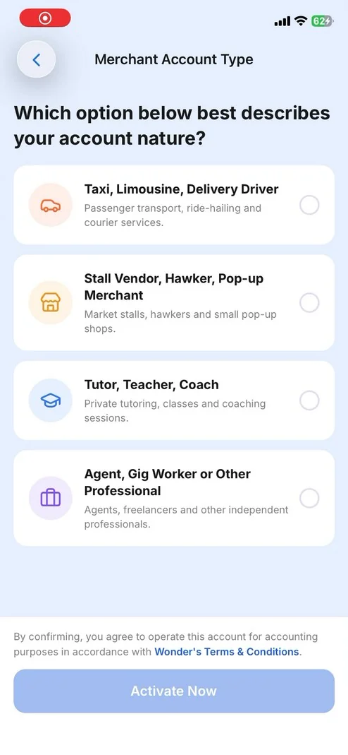 Merchant Account Type selection screen