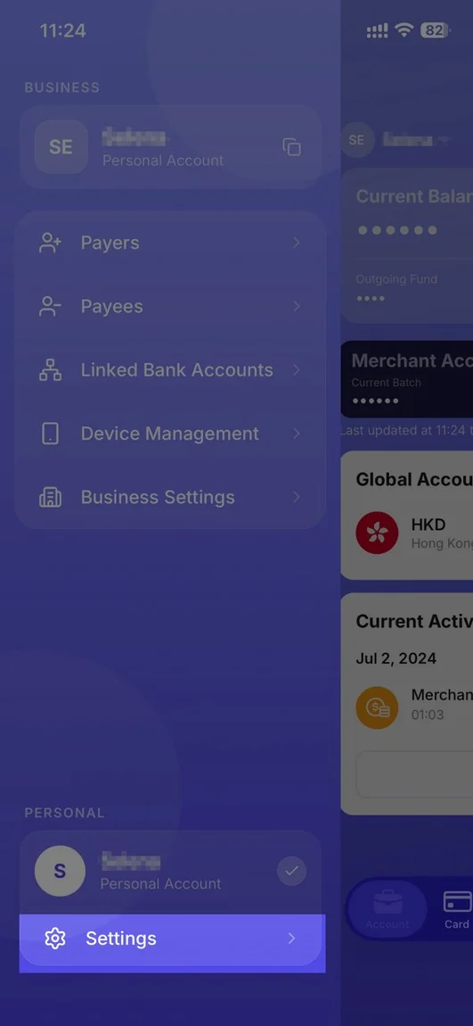 Mobile banking application interface showing business and personal account settings