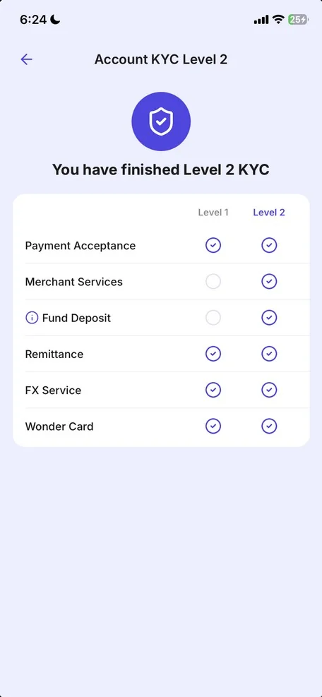 Account KYC Level 2 screen showing Level 2 completion
