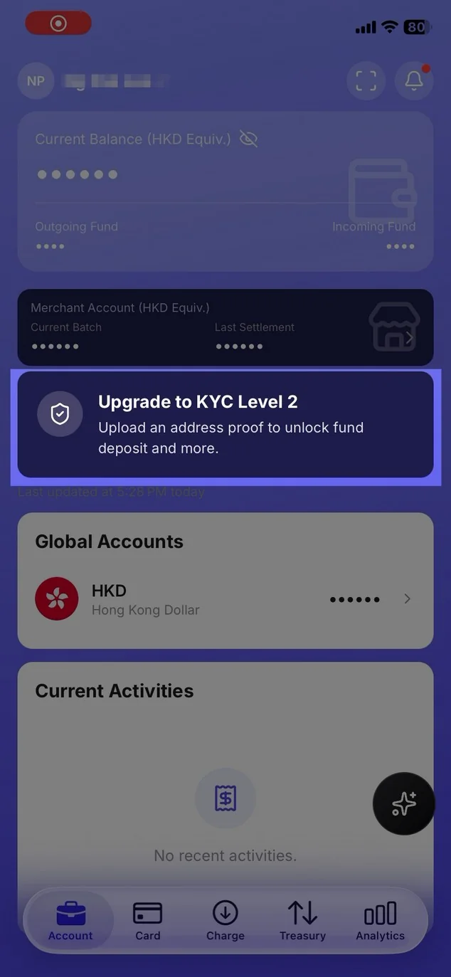 Mobile app home screen showing the Upgrade to KYC Level 2 banner