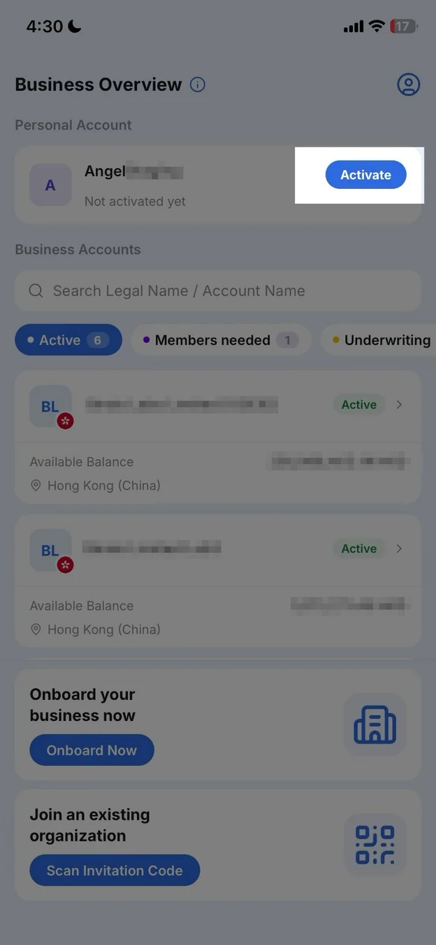 Business Overview screen showing personal account activation and business account list