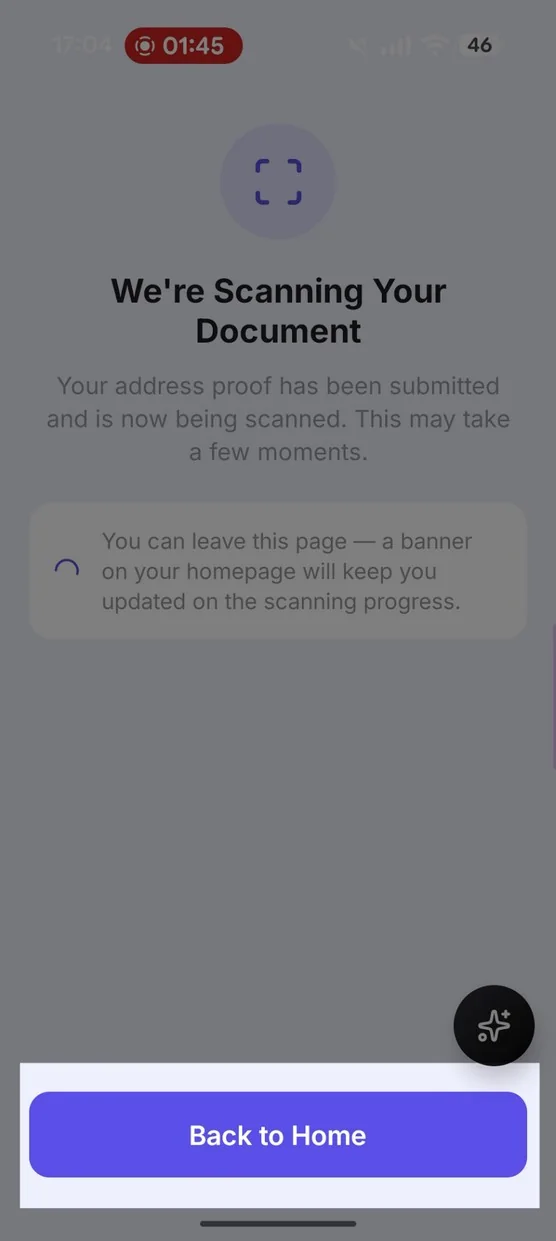 Scanning progress screen with the message We're Scanning Your Document and a Back to Home button